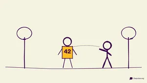Handgezeichnete Illustration: Läufer mit gelbem Nummern-Shirt im Wald, der Späher fixiert die 42