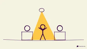Handgezeichnete Illustration: Showmaster im gelben Scheinwerferlicht zwischen zwei Kandidaten-Pulten