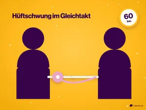 Zwei Silhouetten, an der Hüfte eine Holzleiste, eine Rolle Geschenkband wickelt sich von einer auf die andere ab