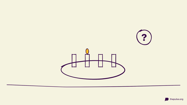 Handgezeichnete Illustration: Adventskranz mit brennender Kerze und Quiz-Fragezeichen