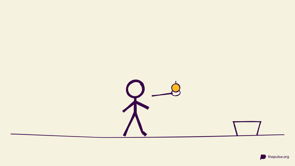 Handgezeichnete Illustration: Läufer balanciert gelbe Weihnachtskugel auf dem Löffel zum Korb