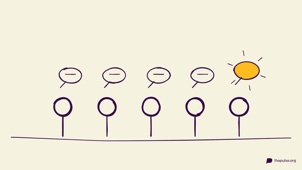 Handgezeichnete Illustration: Vier gleiche Antworten, eine gelbe einzigartige