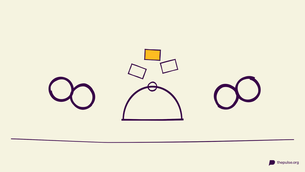 Illustration: Zettel fliegen aus der Mütze, einer gelb, zwei Teams