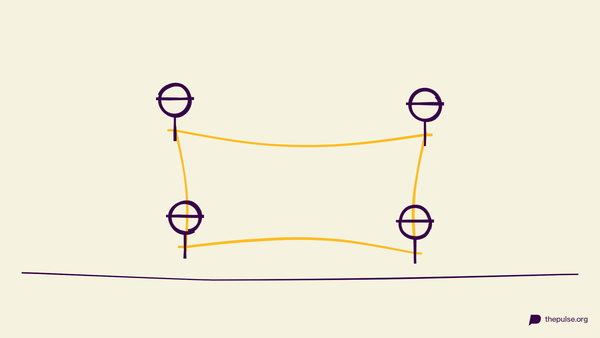 Handgezeichnete Illustration: Vier Figuren mit Augenbinde formen ein gelbes Seil-Quadrat