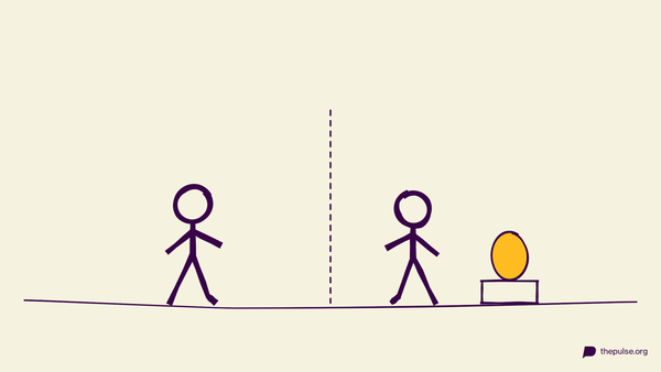 Handgezeichnete Illustration: Läufer jagen über die Mittellinie zum gelben Rieseneei