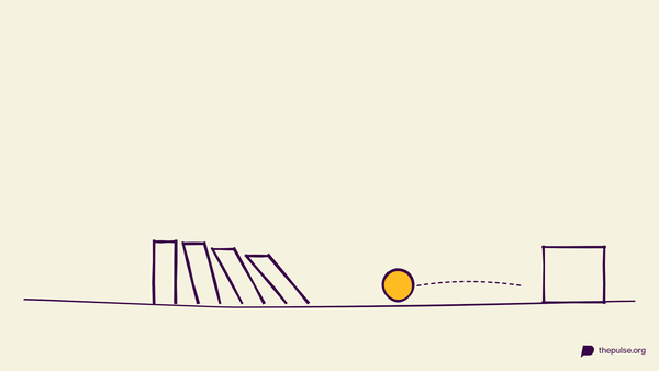 Handgezeichnete Illustration: Dominosteine kippen, der gelbe Ball rollt ins Ziel