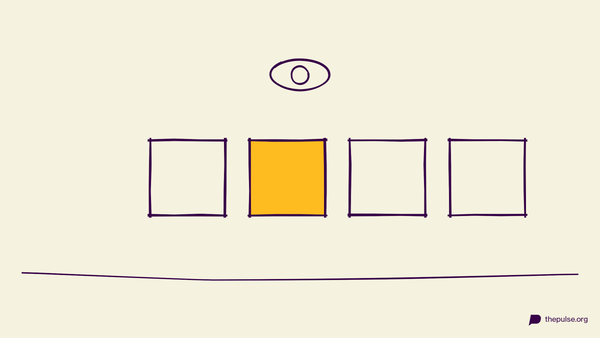 Handgezeichnete Illustration: Vier Rahmen, das Auge sucht den gelben
