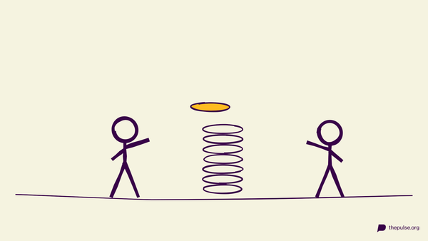 Handgezeichnete Illustration: Team stapelt einen Keksturm, die gelbe Scheibe kommt obendrauf