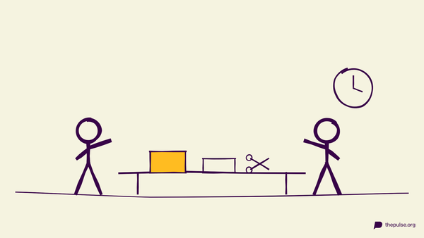 Handgezeichnete Illustration: Basteltisch mit gelber Schachtel, Schere und tickender Uhr