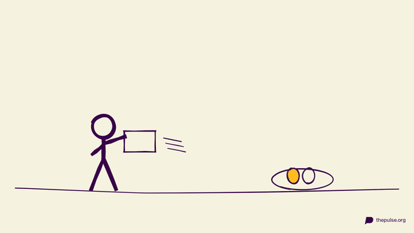 Handgezeichnete Illustration: Mit dem Pizzakarton zwei Ostereier ins Ziel fächeln