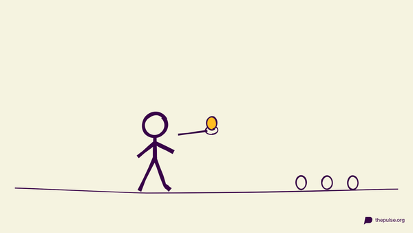 Handgezeichnete Illustration: Läufer bringt das gelbe Ei auf dem Löffel zur Eier-Reihe