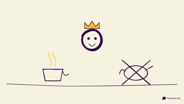 Illustration: Gekrönter Kopf zwischen dampfender Tasse und durchgestrichener Kanne