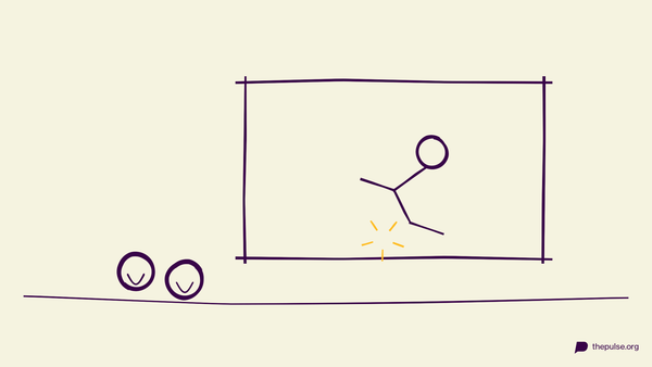 Handgezeichnete Illustration: Sportpanne auf der Leinwand, das Publikum lacht