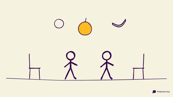 Illustration: Früchte fliegen über rennenden Figuren im Stuhlkreis