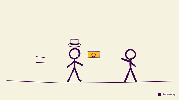 Handgezeichnete Illustration: Gauner mit Hut flieht mit dem gelben Geldschein