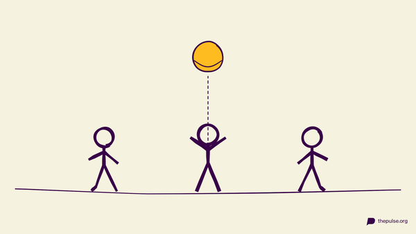 Illustration: Gelber Ball fliegt hoch, alle stieben auseinander