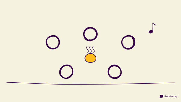 Illustration: Gelbe Kartoffel mit Hitzewellen kreist, Musiknote