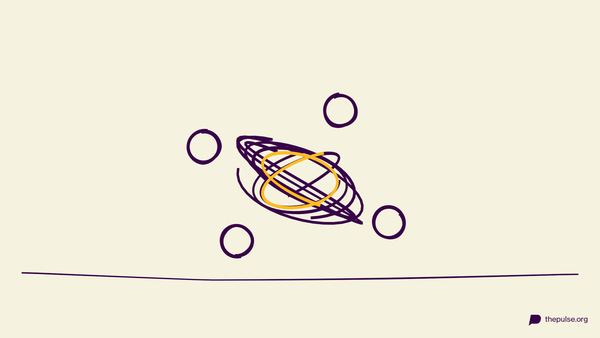 Illustration: Verknotetes Knäuel mit herausschauenden Köpfen und gelber Schlaufe