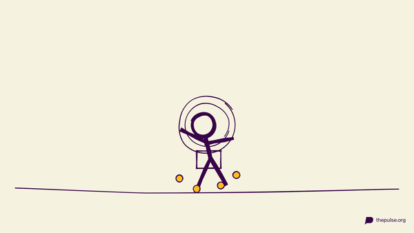 Handgezeichnete Illustration: Wackelnde Figur schüttelt gelbe Glöckchen aus der Box an der Taille