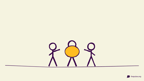 Illustration: Dreiergruppe formt ein Känguru mit gelbem Beutel