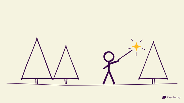 Illustration: Fee mit Zauberstab und gelbem Stern zwischen Tannen