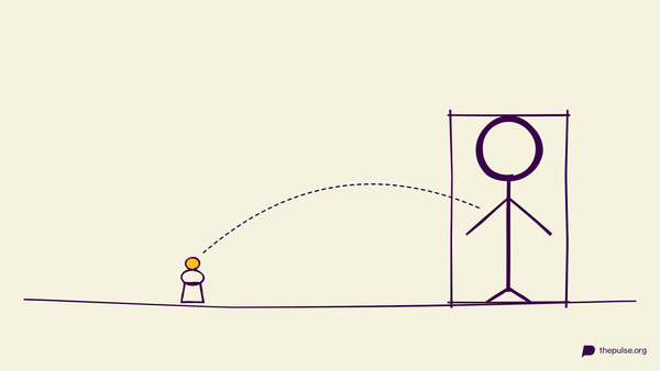 Handgezeichnete Illustration: Der gelbe Marshmallow fliegt auf das Goliath-Plakat