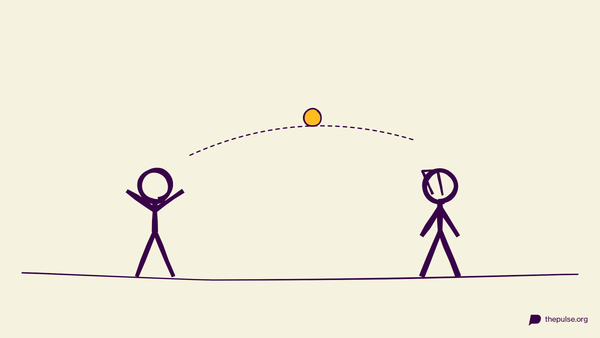 Illustration: Figur wirft ein gelbes Mento in die Eiswaffel des Partners