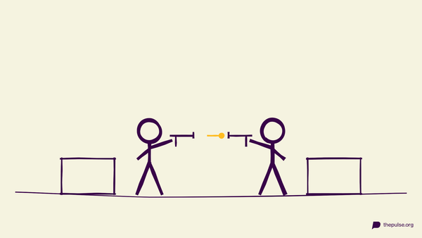 Handgezeichnete Illustration: Zwei Basen, zwei Blaster, gelber Dart in der Mitte