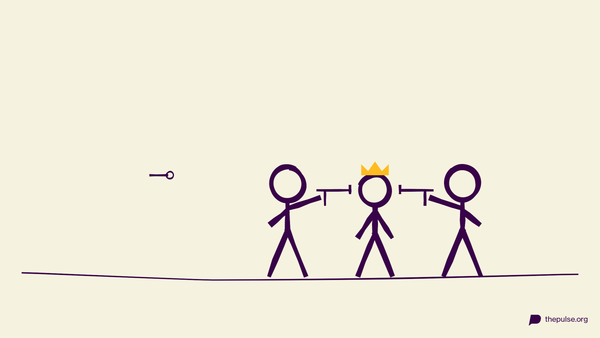 Handgezeichnete Illustration: Der VIP mit gelber Krone wird von seinem Team abgeschirmt