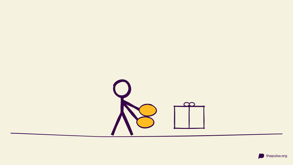 Handgezeichnete Illustration: Mit riesigen gelben Ofenhandschuhen das Geschenk auspacken