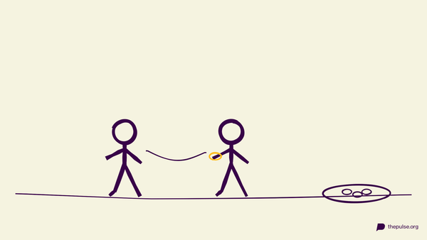 Handgezeichnete Illustration: Verfolgungsjagd um ein gelbes Farbbändchen am Handgelenk