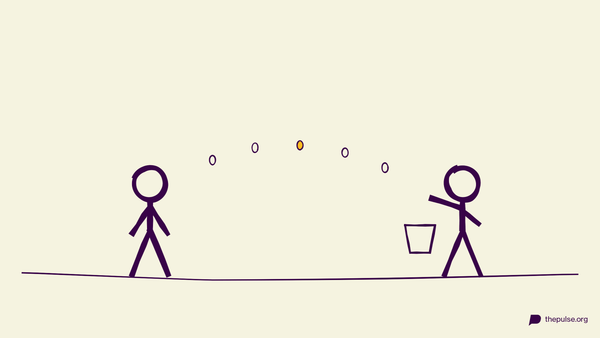 Handgezeichnete Illustration: Kürbiskerne fliegen im Bogen zum Partner mit dem Eimer