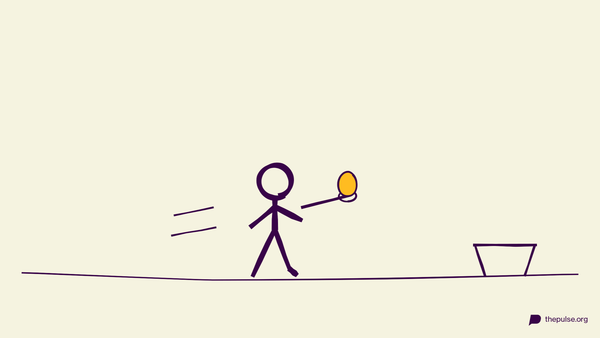 Handgezeichnete Illustration: Figur rennt mit Osterei auf dem Löffel zum Korb
