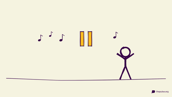 Handgezeichnete Illustration: Die Musik pausiert (gelbe Balken), die Figur singt textsicher weiter