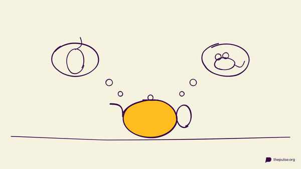 Handgezeichnete Illustration: Gelbe Teekanne denkt an Computermaus und Tiermaus — ein Wort, zwei Bedeutungen