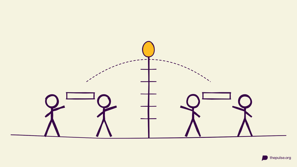 Handgezeichnete Illustration: Zwei Teams schleudern ein Osterei mit Handtüchern über ein Netz