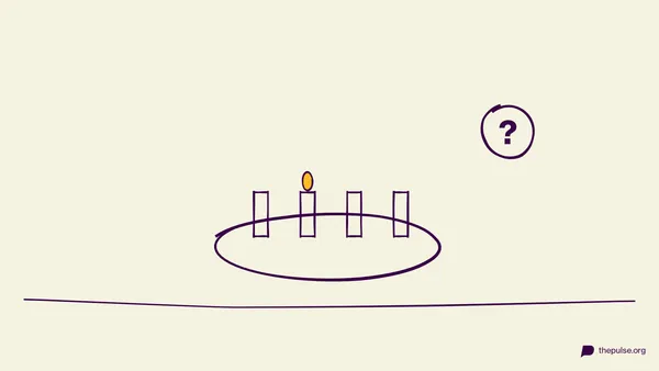Handgezeichnete Illustration: Adventskranz mit brennender Kerze und Quiz-Fragezeichen