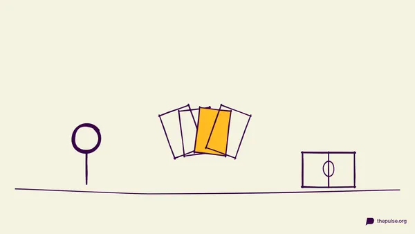 Handgezeichnete Illustration: Kartenfächer mit gelber Karte und aufgeschlagener Bibel