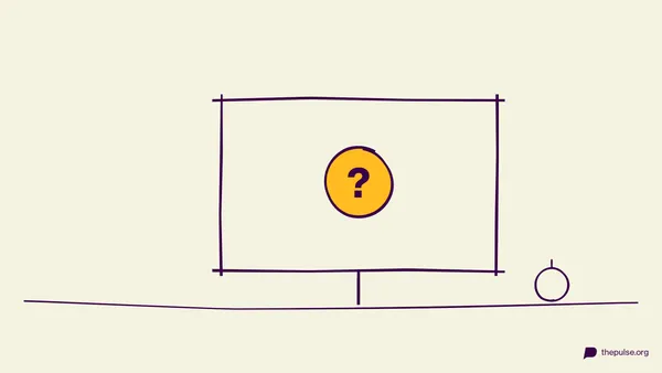 Handgezeichnete Illustration: Quiz-Bildschirm mit gelbem Fragezeichen und Weihnachtskugel