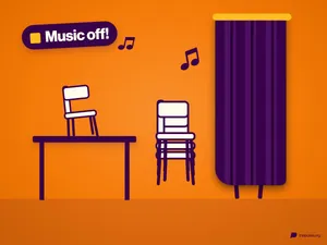 A chair stands on a table, next to it chairs stacked inside each other and chair legs under a curtain, above it “Music off!”