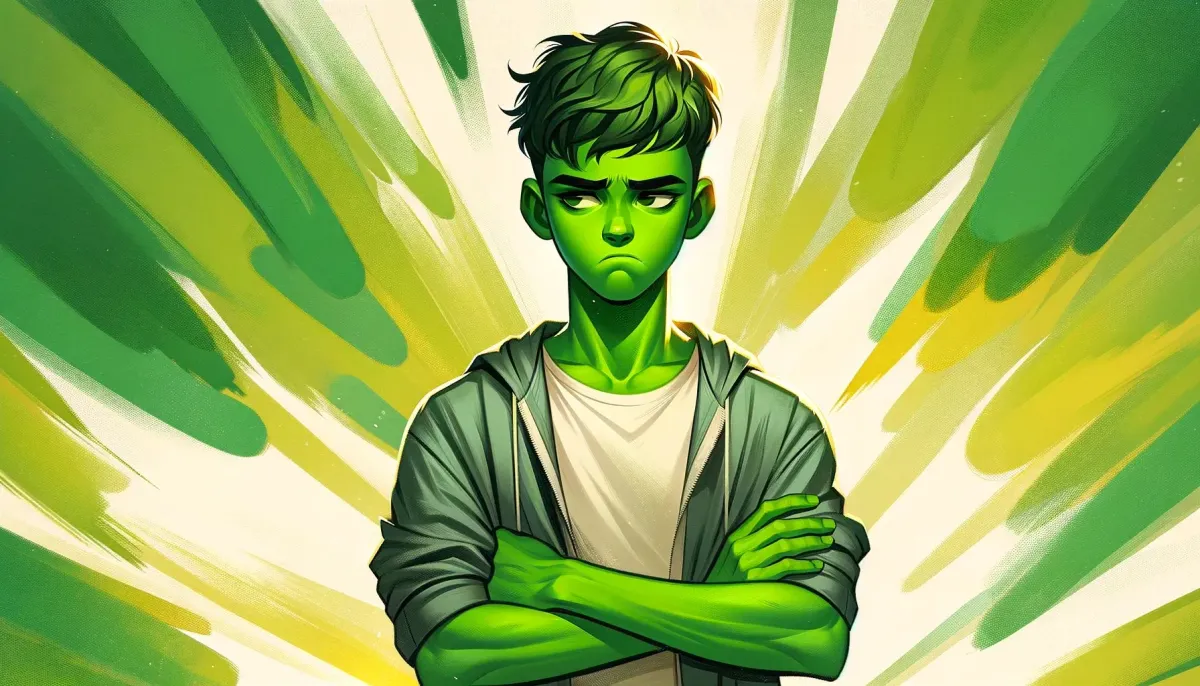 Ilustración: un chico con la cara verde, de brazos cruzados y con cara de envidia