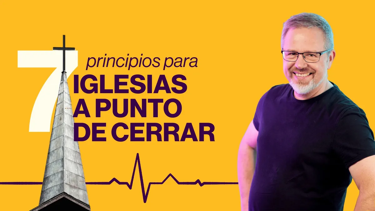 El campanario de una iglesia con una cruz delante de un gran número 7, una línea de pulso que vuelve a latir y Christian Holfeld sonriendo, sobre fondo amarillo