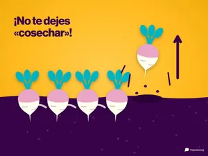 Una fila de raíces blancas en la tierra, enganchadas bajo el suelo; una está saliendo arrancada; encima pone: ¡No te dejes «cosechar»!