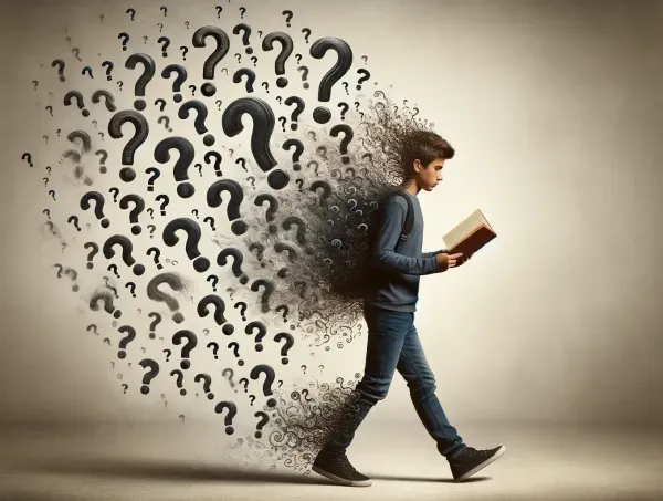 Un adolescente camina leyendo un libro mientras a su espalda se arremolinan signos de interrogación (imagen generada por IA)