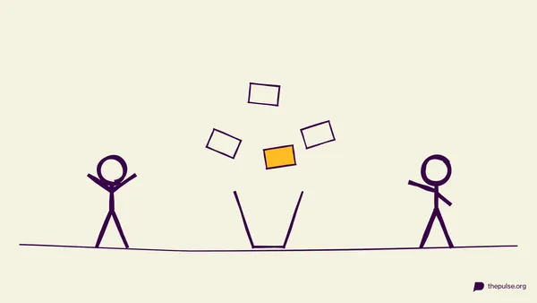 Ilustración: papelitos que salen volando de un recipiente, uno de ellos amarillo