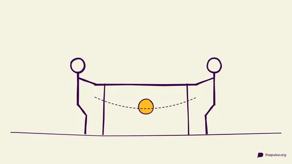 Ilustración: dos figuras en una mesa; una moneda pasa por debajo