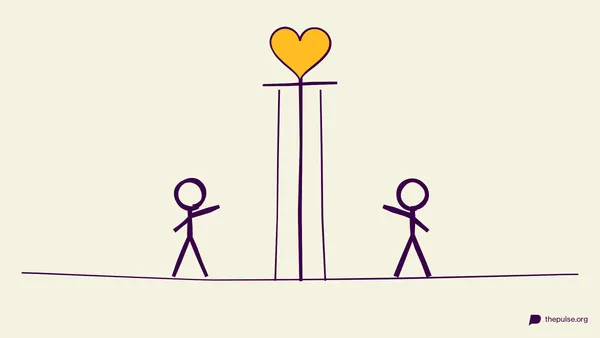Ilustración: dos figuras junto a una cortina, con un corazón encima