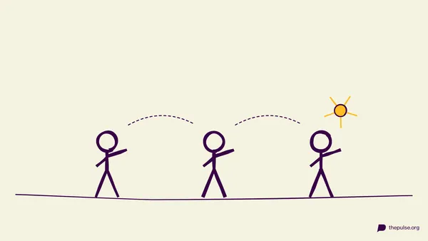 Ilustración: tres figuras se pasan señas al ritmo