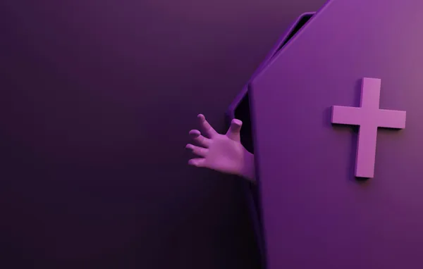 Una mano apoyada sobre un ataúd morado