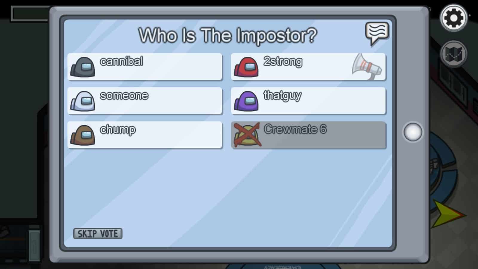 Capture d’écran d’Among Us&nbsp;: le vote «&nbsp;Who Is The Impostor&nbsp;?&nbsp;» avec six personnages